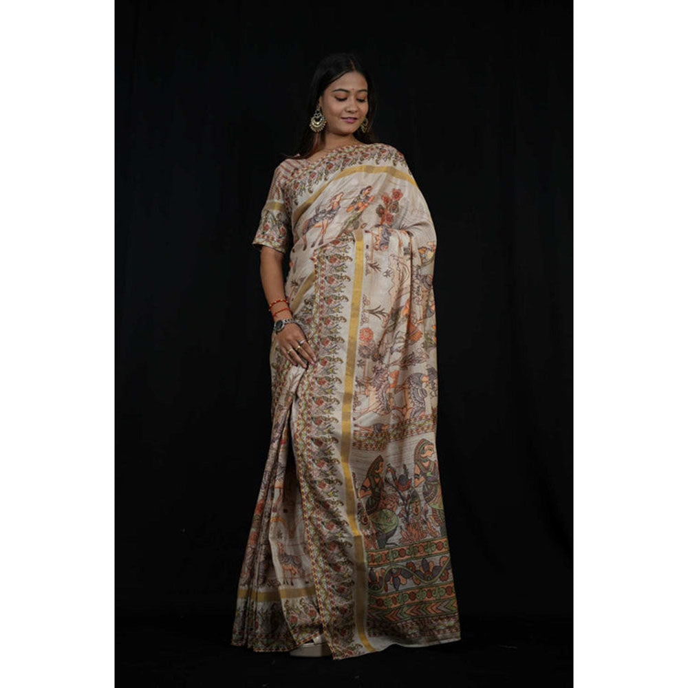 Isadora Life Womens Printed Off White Pre-Draped Saree With Unstitched Blouse