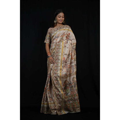 Isadora Life Womens Printed Off White Pre-Draped Saree With Unstitched Blouse