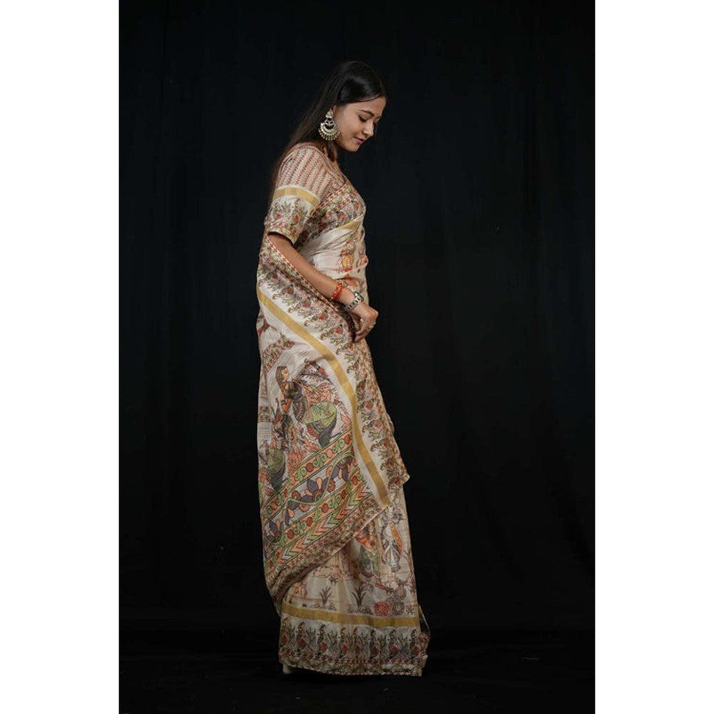 Isadora Life Womens Printed Off White Pre-Draped Saree With Unstitched Blouse