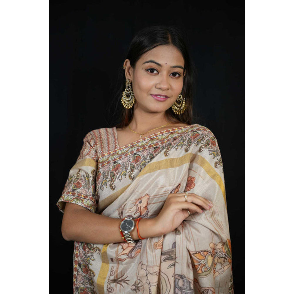 Isadora Life Womens Printed Off White Pre-Draped Saree With Unstitched Blouse