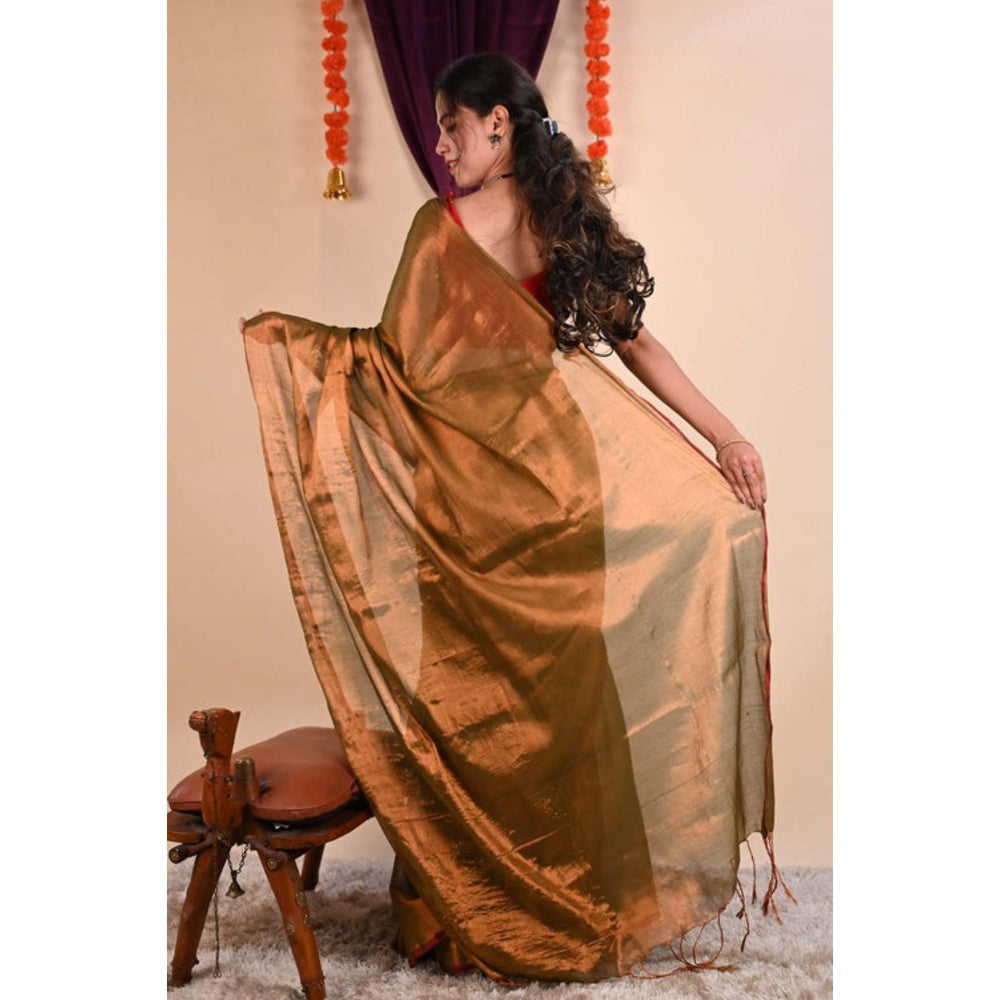 Isadora Life Womens Solid Tassels Copper Pre-Draped Saree With Unstitched Blouse