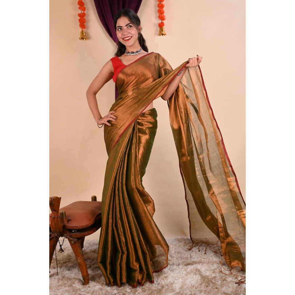 Isadora Life Womens Solid Tassels Copper Pre-Draped Saree With Unstitched Blouse