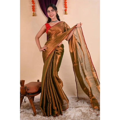 Isadora Life Womens Solid Tassels Copper Pre-Draped Saree With Unstitched Blouse