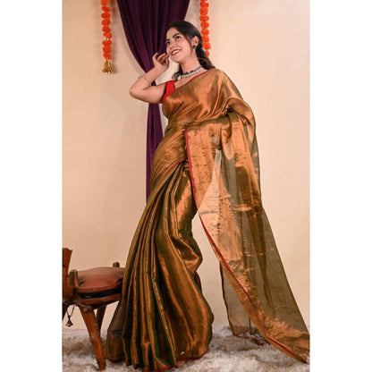 Isadora Life Womens Solid Tassels Copper Pre-Draped Saree With Unstitched Blouse