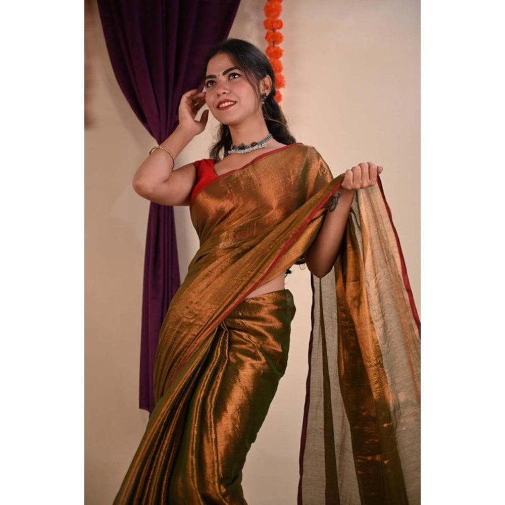 Isadora Life Womens Solid Tassels Copper Pre-Draped Saree With Unstitched Blouse