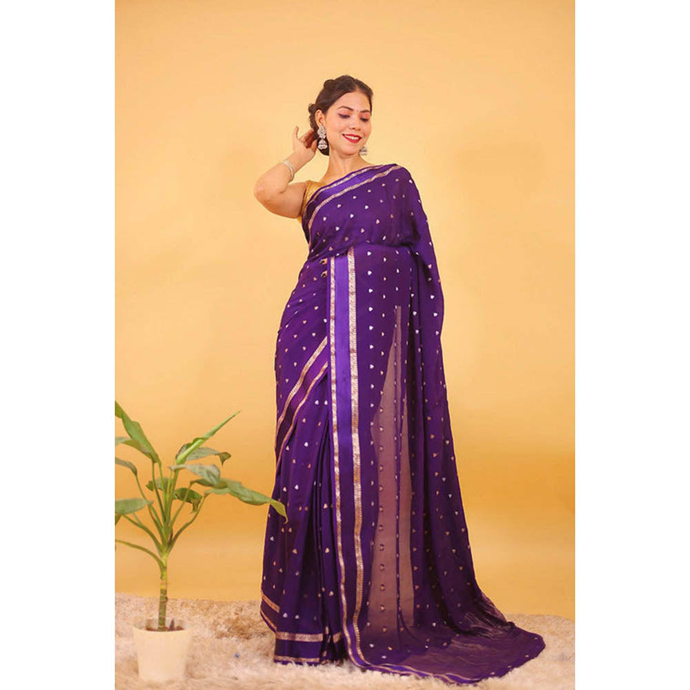 Isadora Life Womens Woven Zari Purple Pre-Draped Saree With Unstitched Blouse