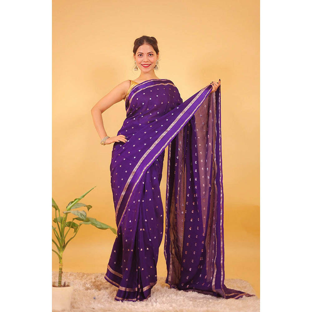 Isadora Life Womens Woven Zari Purple Pre-Draped Saree With Unstitched Blouse