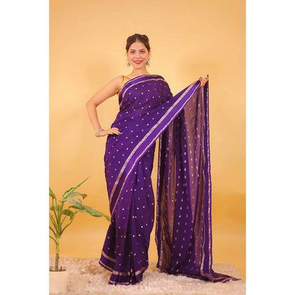 Isadora Life Womens Woven Zari Purple Pre-Draped Saree With Unstitched Blouse