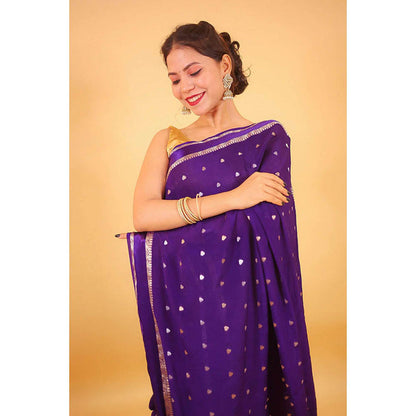 Isadora Life Womens Woven Zari Purple Pre-Draped Saree With Unstitched Blouse