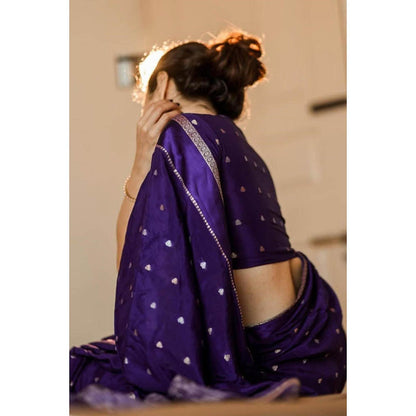 Isadora Life Womens Woven Zari Purple Pre-Draped Saree With Unstitched Blouse