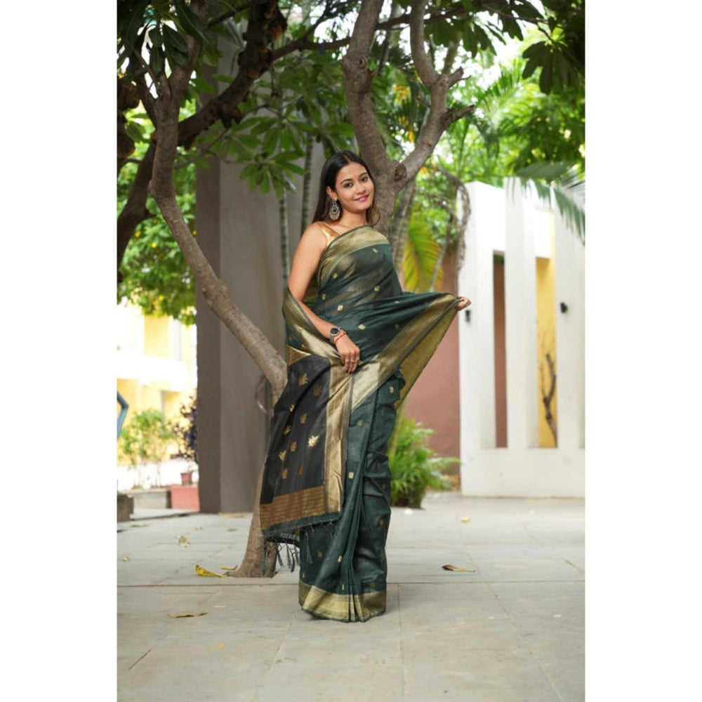 Isadora Life Womens Woven Zari Green Pre-Draped Saree With Unstitched Blouse