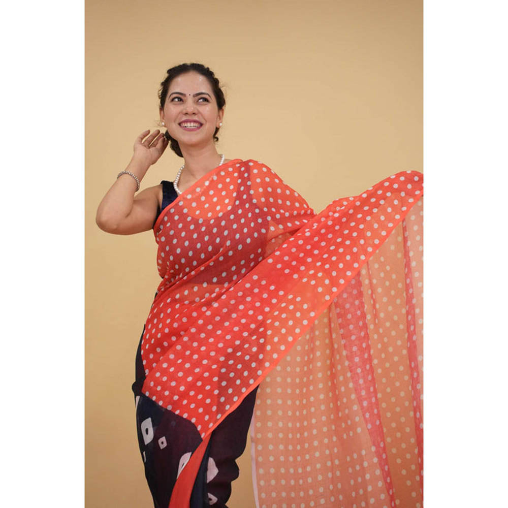 Isadora Life Womens Polka Dots Bandhani Multi-Color Pre-Draped Saree With Unstitched Blouse