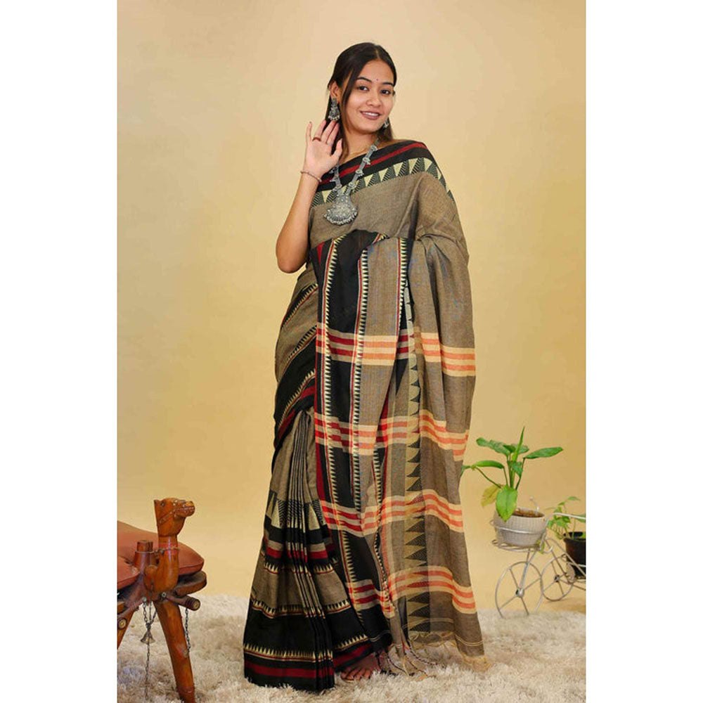 Isadora Life Womens Woven Tassels Grey Pre-Draped Saree With Unstitched Blouse