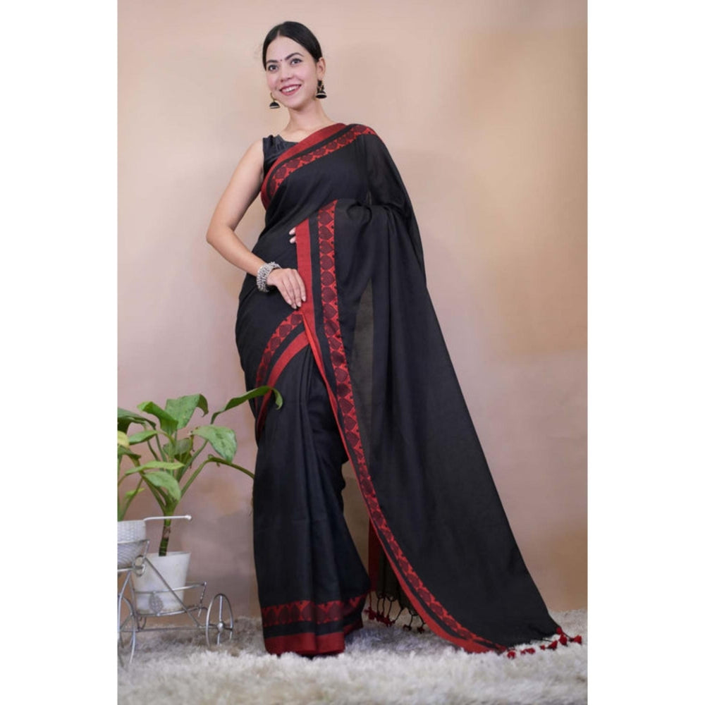 Isadora Life Womens Solid Tassels Black Pre-Draped Saree With Unstitched Blouse