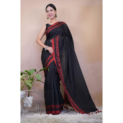 Isadora Life Womens Solid Tassels Black Pre-Draped Saree With Unstitched Blouse