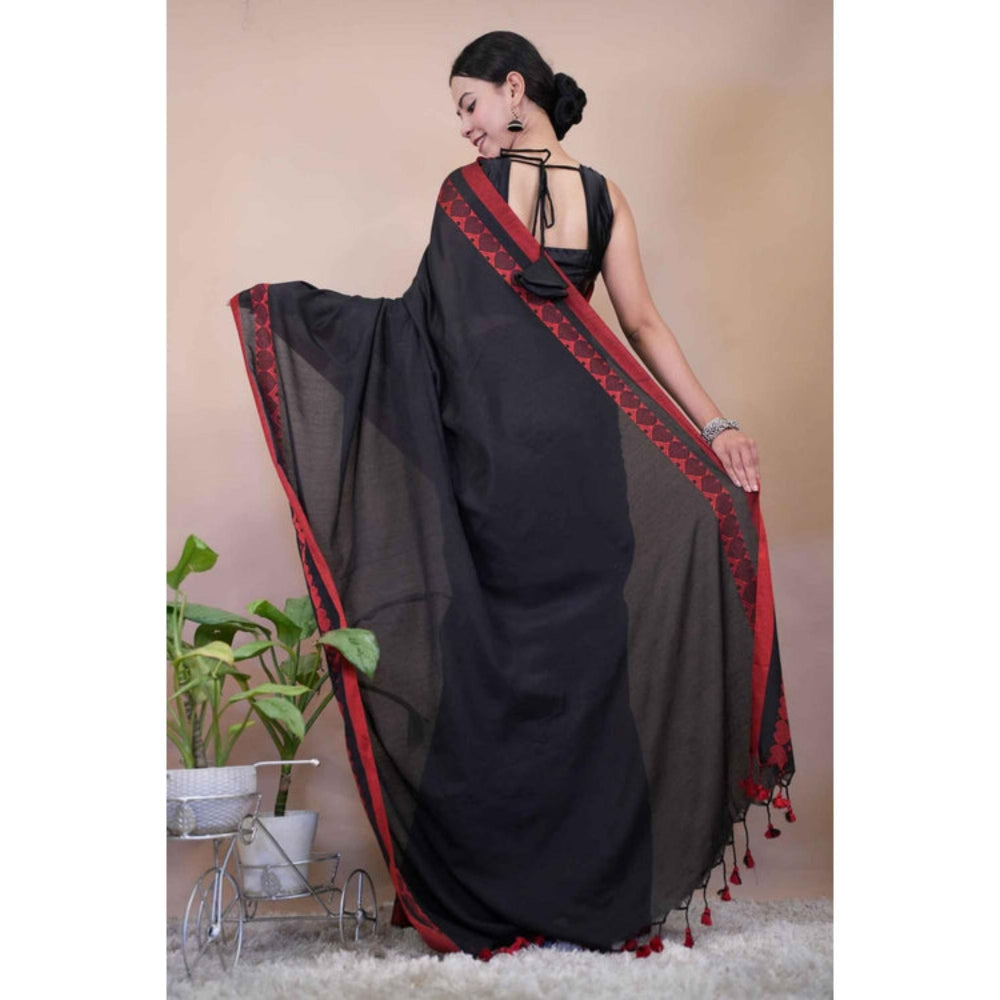 Isadora Life Womens Solid Tassels Black Pre-Draped Saree With Unstitched Blouse