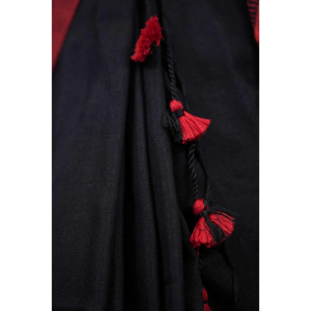 Isadora Life Womens Solid Tassels Black Pre-Draped Saree With Unstitched Blouse
