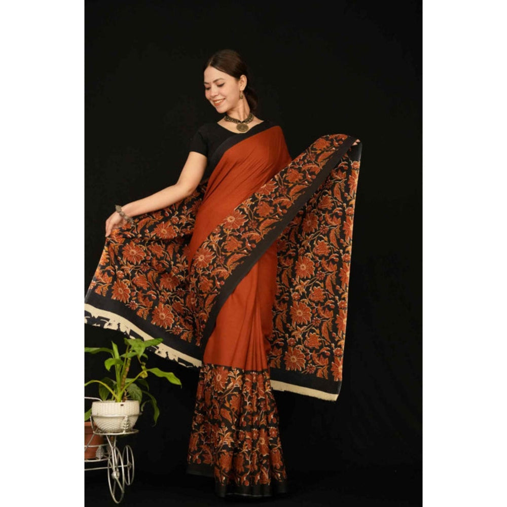 Isadora Life Womens Floral Printed Rust Pre-Draped Saree With Unstitched Blouse