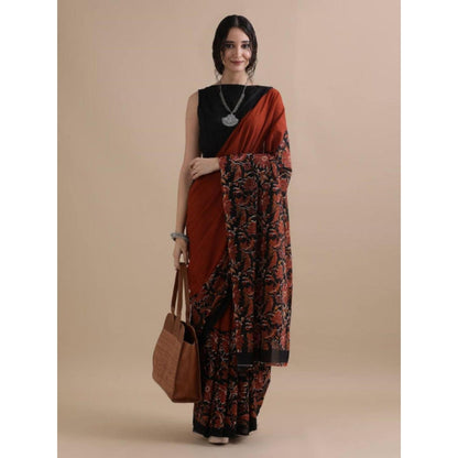 Isadora Life Womens Floral Printed Rust Pre-Draped Saree With Unstitched Blouse