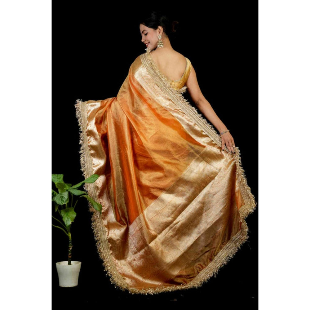 Isadora Life Womens Woven Lace Work Orange Pre-Draped Saree With Unstitched Blouse