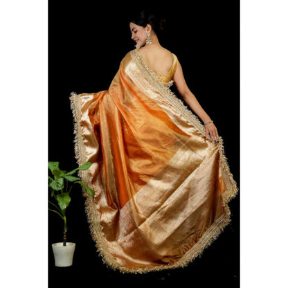 Isadora Life Womens Woven Lace Work Orange Pre-Draped Saree With Unstitched Blouse