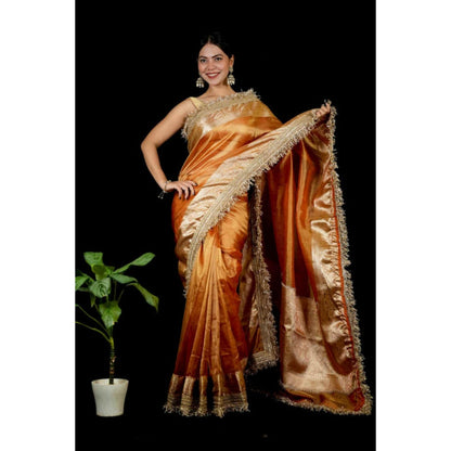 Isadora Life Womens Woven Lace Work Orange Pre-Draped Saree With Unstitched Blouse