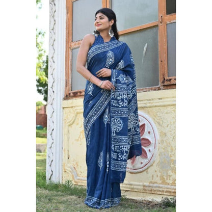 Isadora Life Womens Hand Block Printed Blue Pre-Draped Saree With Unstitched Blouse