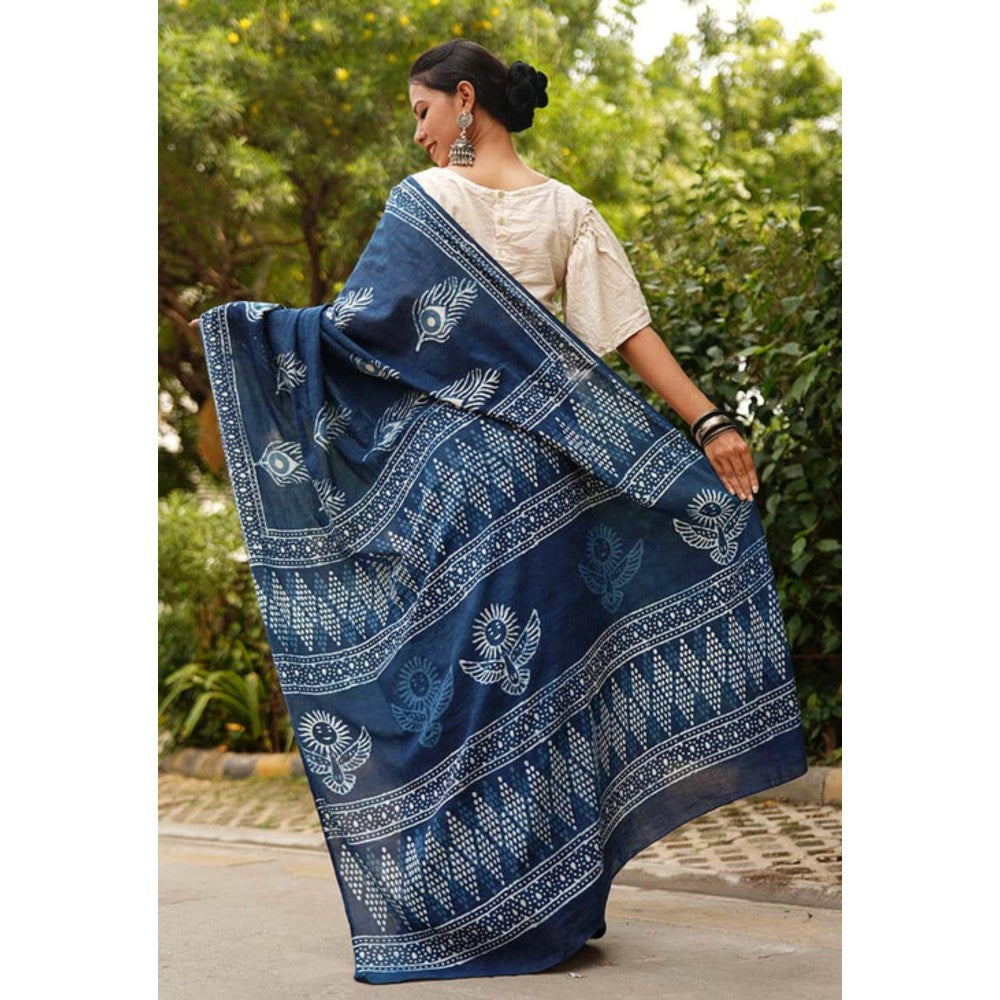 Isadora Life Womens Hand Block Printed Blue Pre-Draped Saree With Unstitched Blouse
