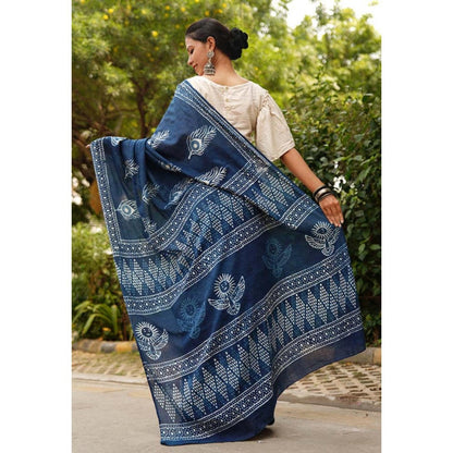 Isadora Life Womens Hand Block Printed Blue Pre-Draped Saree With Unstitched Blouse