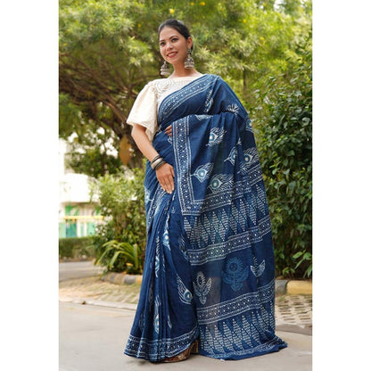 Isadora Life Womens Hand Block Printed Blue Pre-Draped Saree With Unstitched Blouse