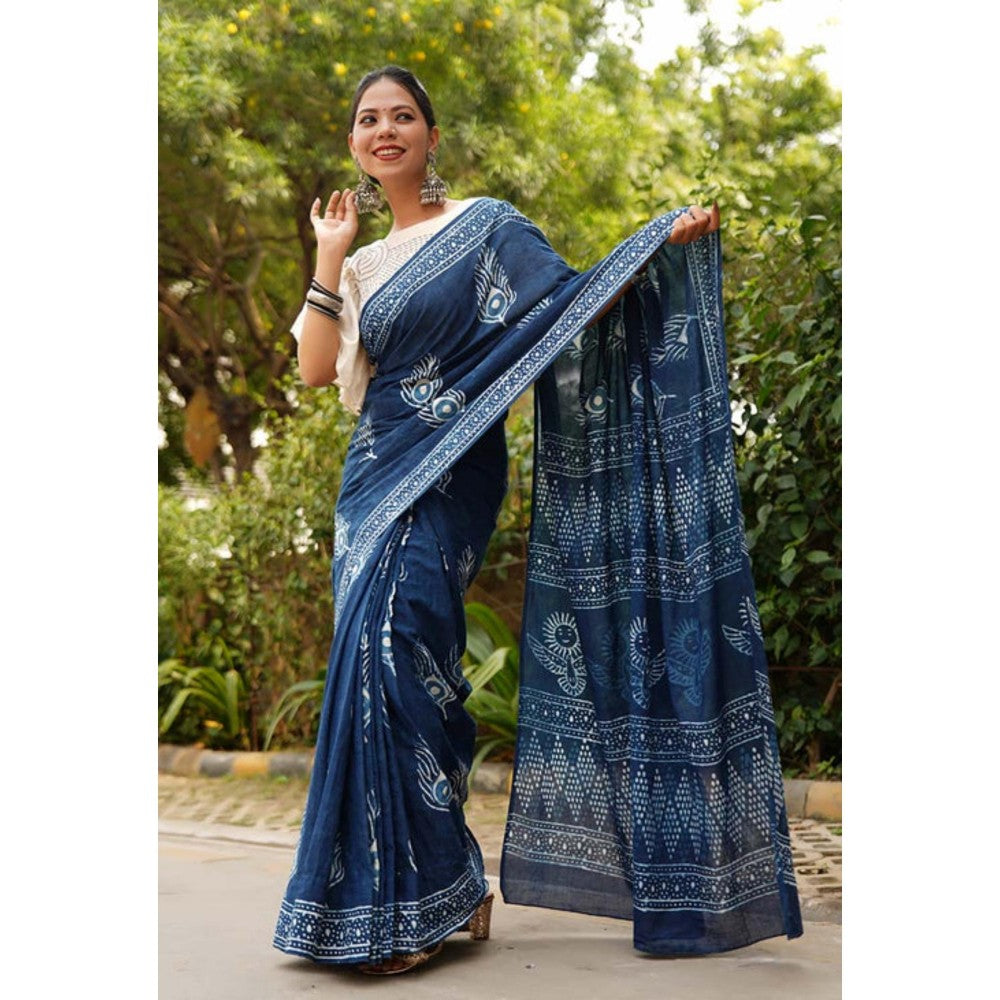 Isadora Life Womens Hand Block Printed Blue Pre-Draped Saree With Unstitched Blouse