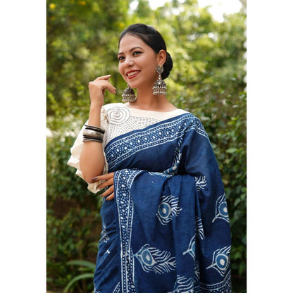Isadora Life Womens Hand Block Printed Blue Pre-Draped Saree With Unstitched Blouse
