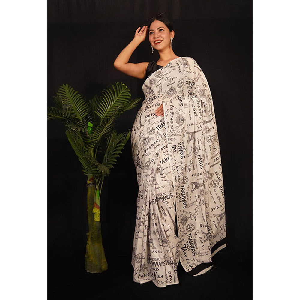 Isadora Life Womens Typography Printed Off White Pre-Draped Saree With Unstitched Blouse