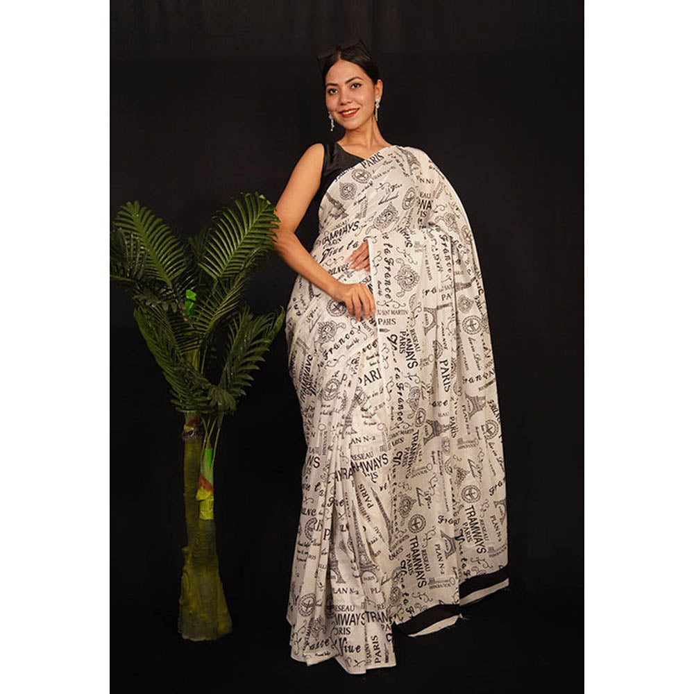 Isadora Life Womens Typography Printed Off White Pre-Draped Saree With Unstitched Blouse