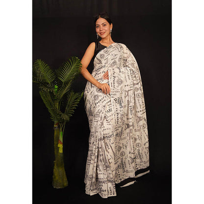 Isadora Life Womens Typography Printed Off White Pre-Draped Saree With Unstitched Blouse