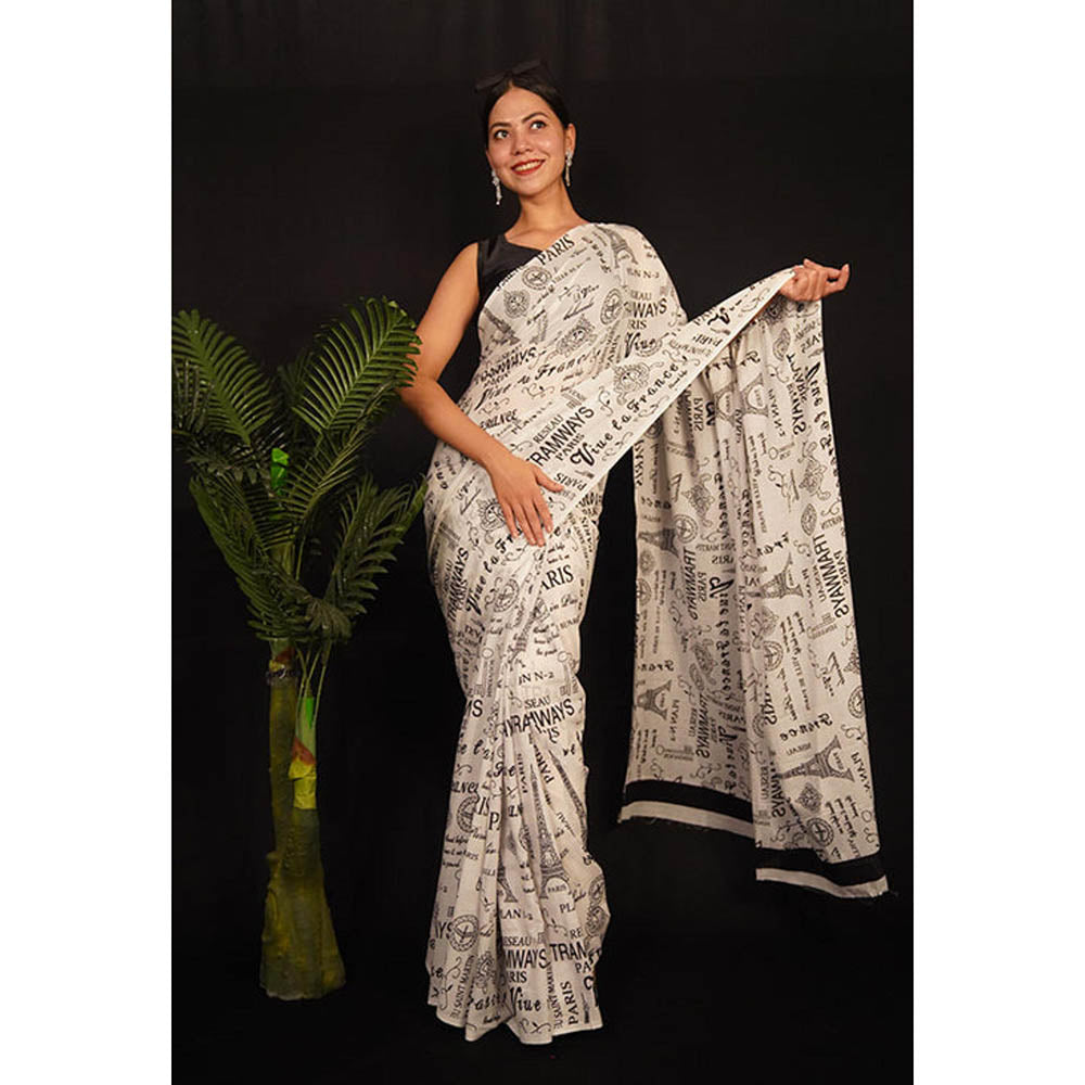 Isadora Life Womens Typography Printed Off White Pre-Draped Saree With Unstitched Blouse