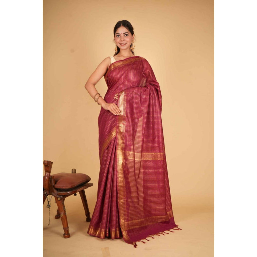 Isadora Life Womens Checks Zari Pink Pre-Draped Saree With Unstitched Blouse