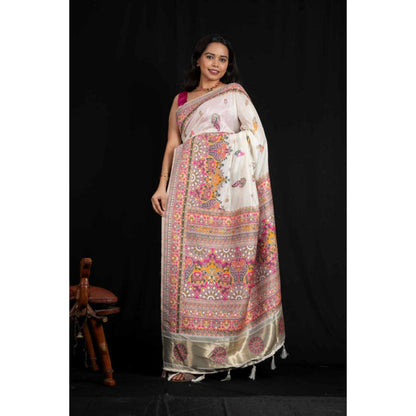 Isadora Life Womens Printed Tassels White Pre-Draped Saree With Unstitched Blouse