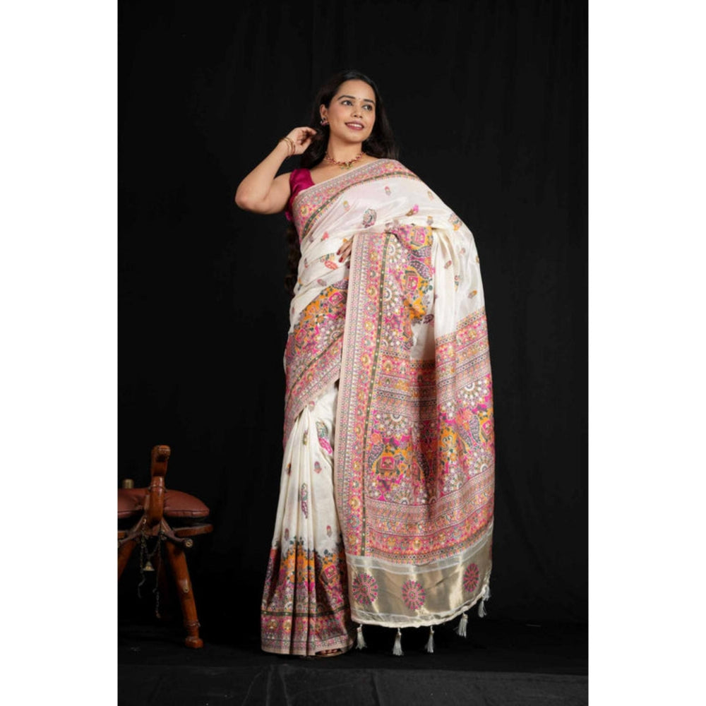 Isadora Life Womens Printed Tassels White Pre-Draped Saree With Unstitched Blouse