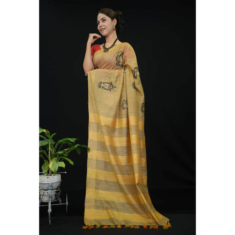 Isadora Life Womens Embroidered Tassels Beige Pre-Draped Saree With Unstitched Blouse