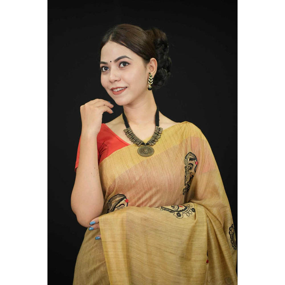 Isadora Life Womens Embroidered Tassels Beige Pre-Draped Saree With Unstitched Blouse