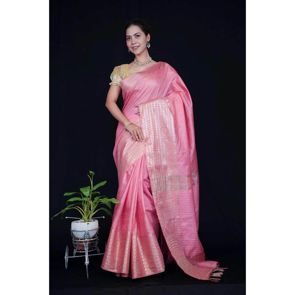 Isadora Life Womens Woven Tassels Pink Pre-Draped Saree With Unstitched Blouse