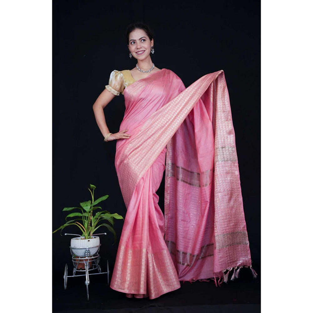 Isadora Life Womens Woven Tassels Pink Pre-Draped Saree With Unstitched Blouse