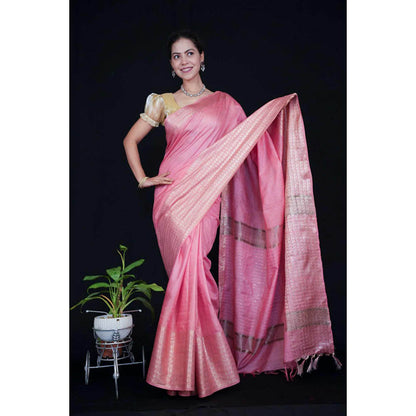 Isadora Life Womens Woven Tassels Pink Pre-Draped Saree With Unstitched Blouse