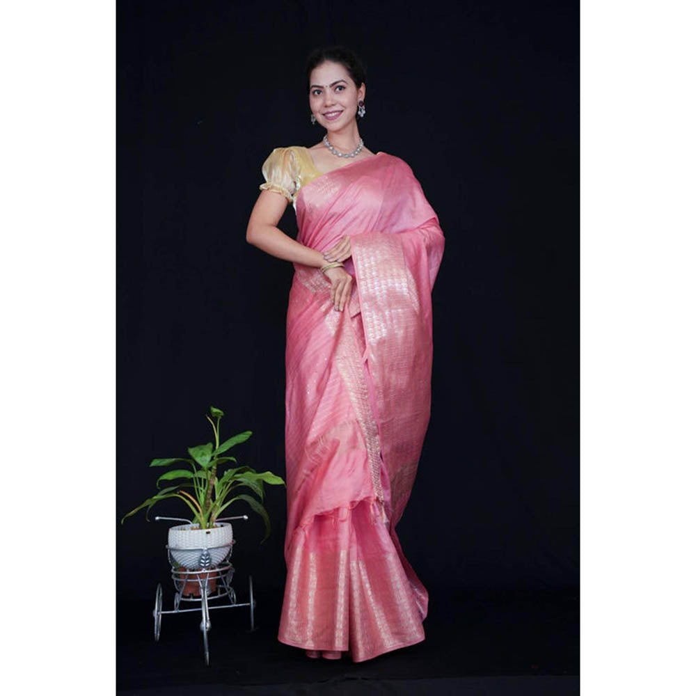 Isadora Life Womens Woven Tassels Pink Pre-Draped Saree With Unstitched Blouse