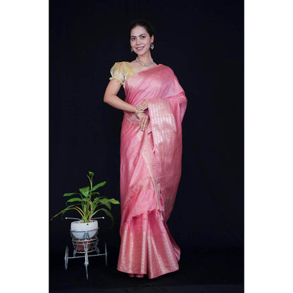 Isadora Life Womens Woven Tassels Pink Pre-Draped Saree With Unstitched Blouse