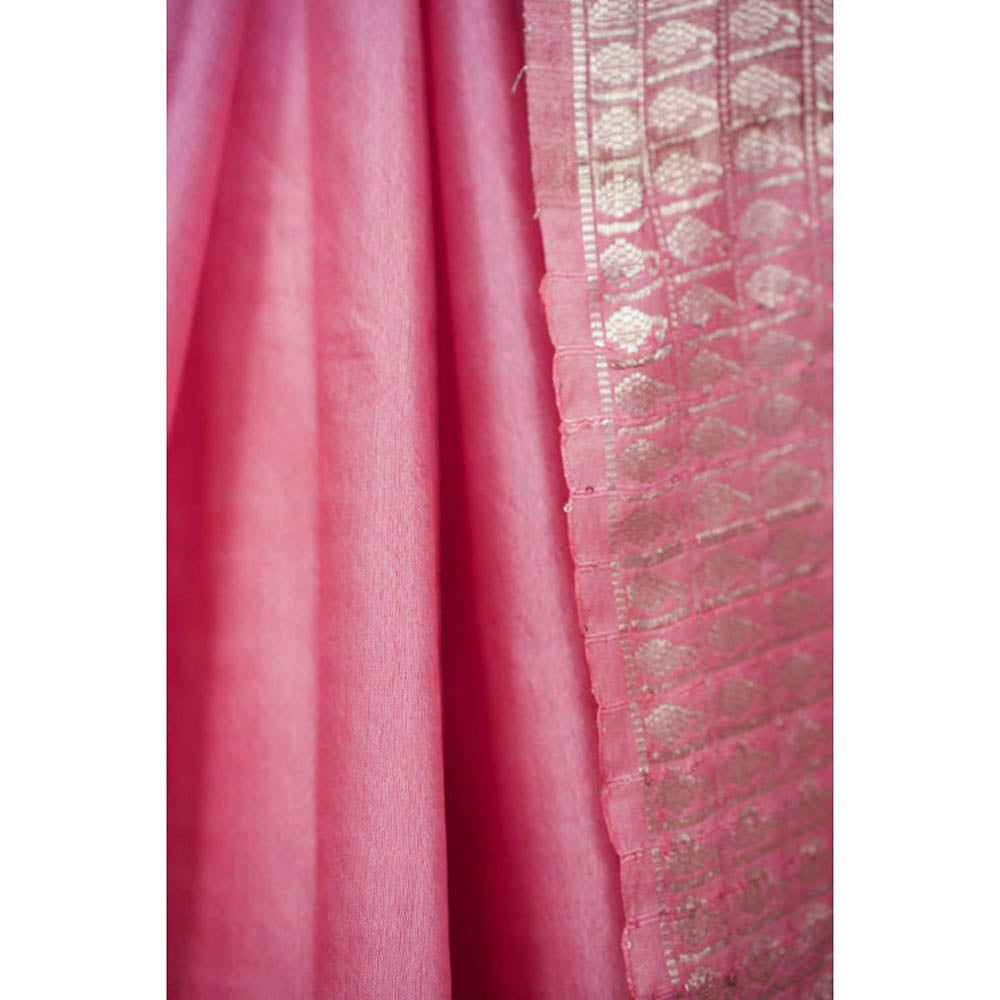 Isadora Life Womens Woven Tassels Pink Pre-Draped Saree With Unstitched Blouse