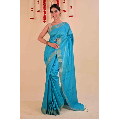 Isadora Life Womens Stripes Zari Blue Pre-Draped Saree With Unstitched Blouse