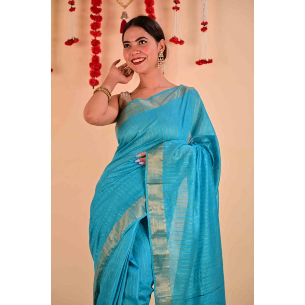 Isadora Life Womens Stripes Zari Blue Pre-Draped Saree With Unstitched Blouse