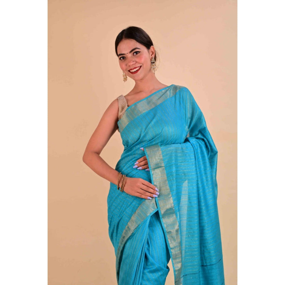 Isadora Life Womens Stripes Zari Blue Pre-Draped Saree With Unstitched Blouse